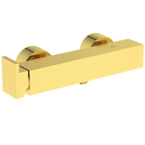 Brausearmatur in Gold von Ideal Standard mit rechteckigem Design und runden Bedienelementen, geeignet für moderne Badezimmereinrichtungen.